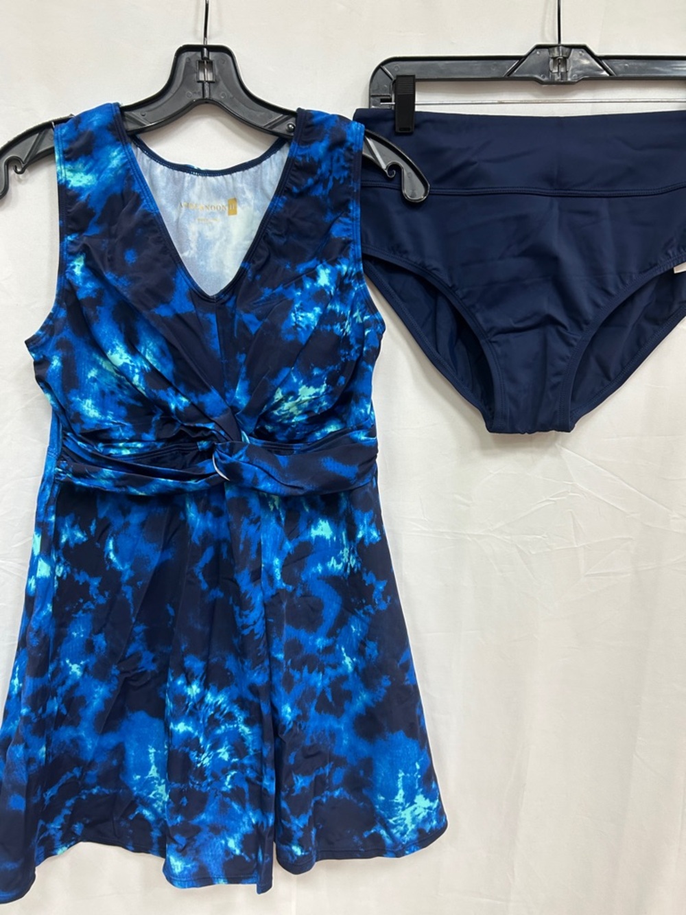Blue Tie-Dye Tankini Swim Dress with Navy Briefs